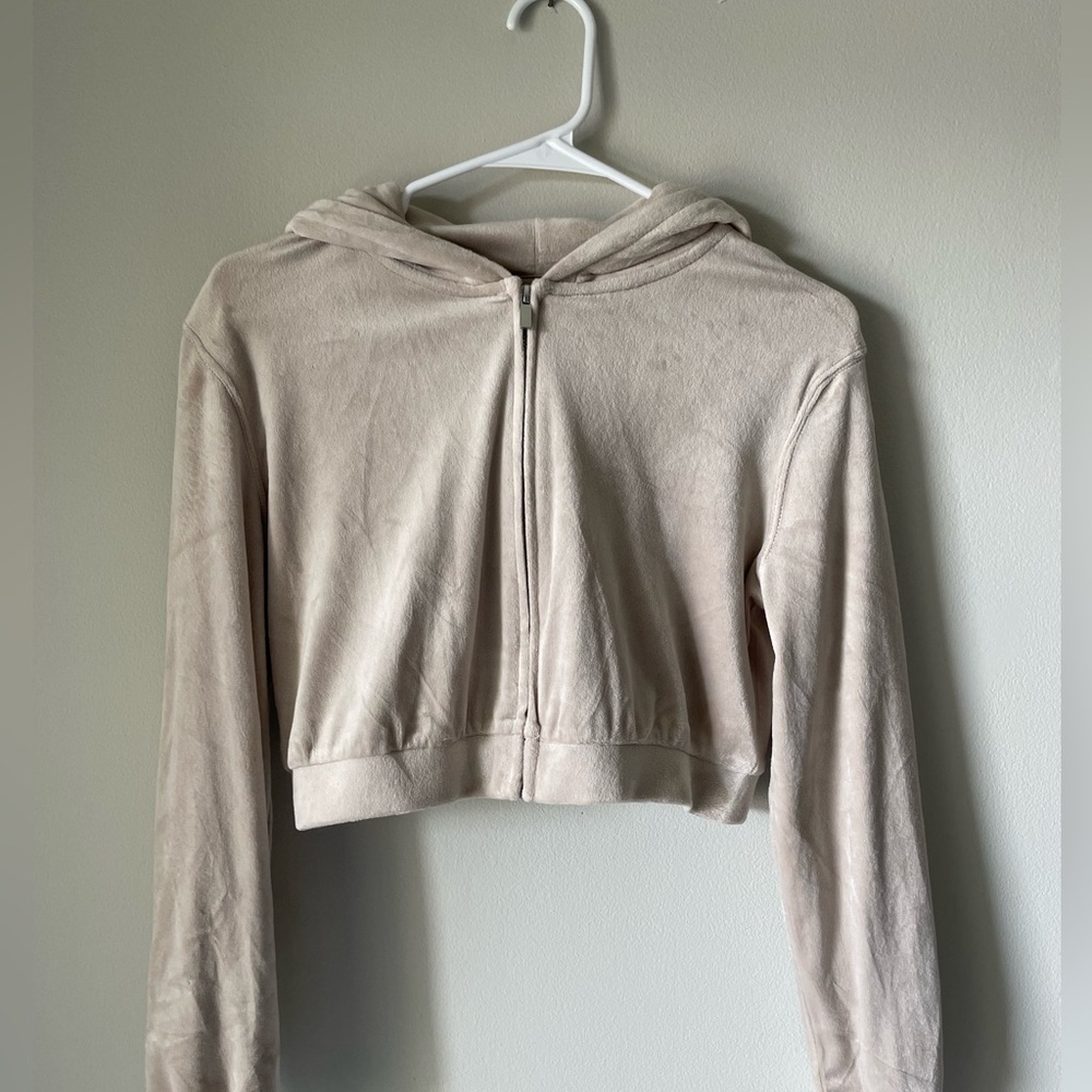 Light Tan Faux Velvet Cropped Tracksuit